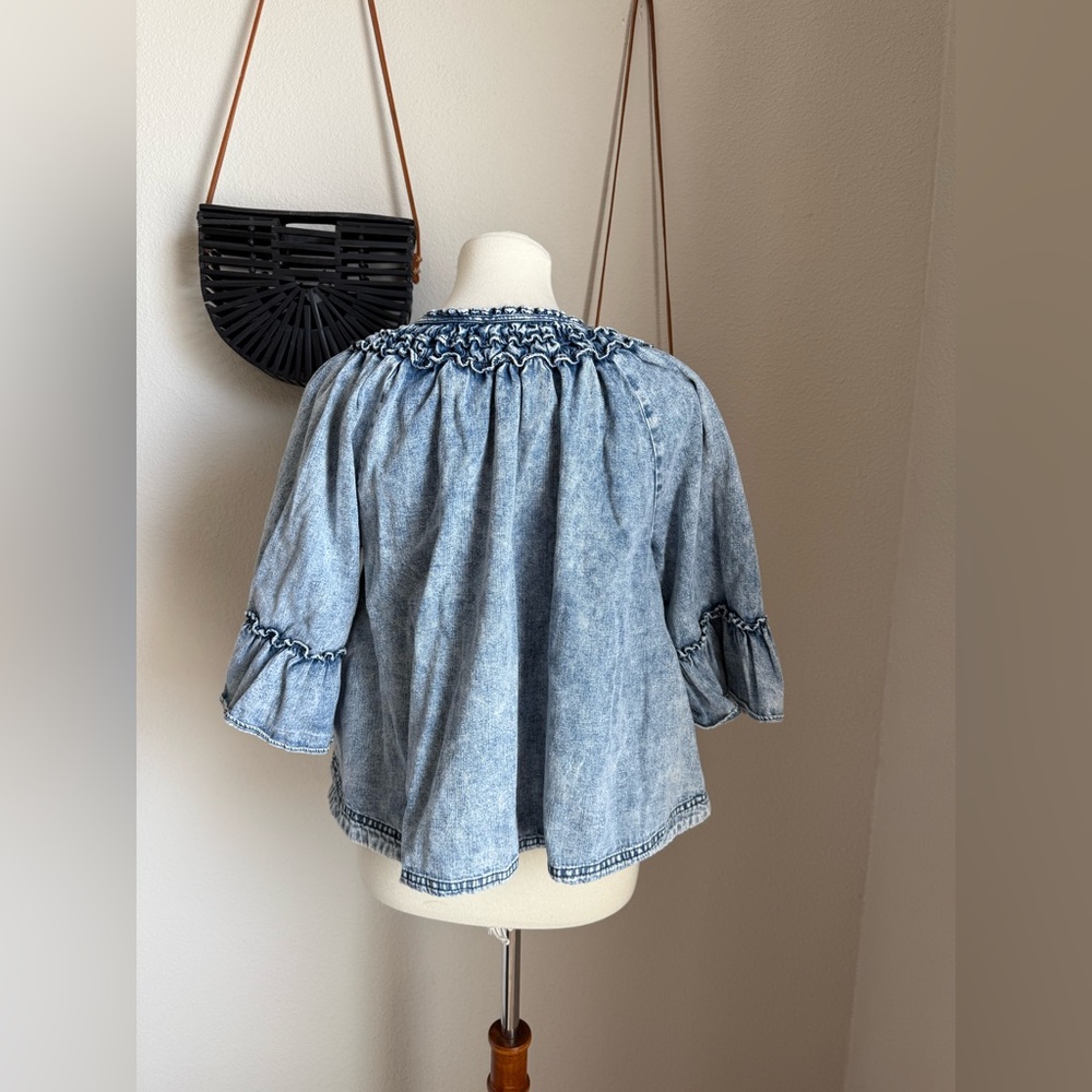Free People Indigo Wash Ruffle Denim Bell Sleeve Top, Size Small - Picture 3 of 4